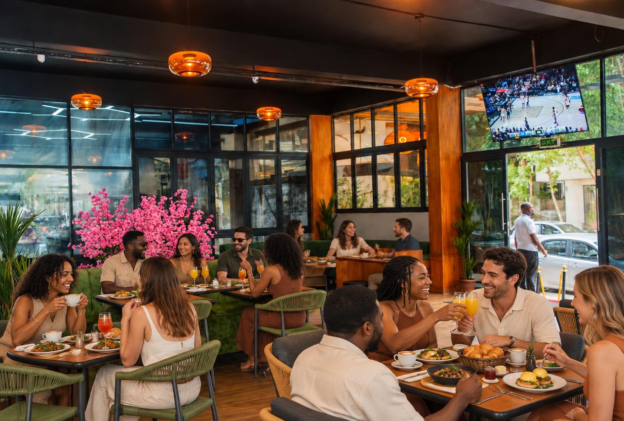 Guests sharing brunch at Soul — eggs Benedict, croissants and jam, coffee and cocktails on a wood table