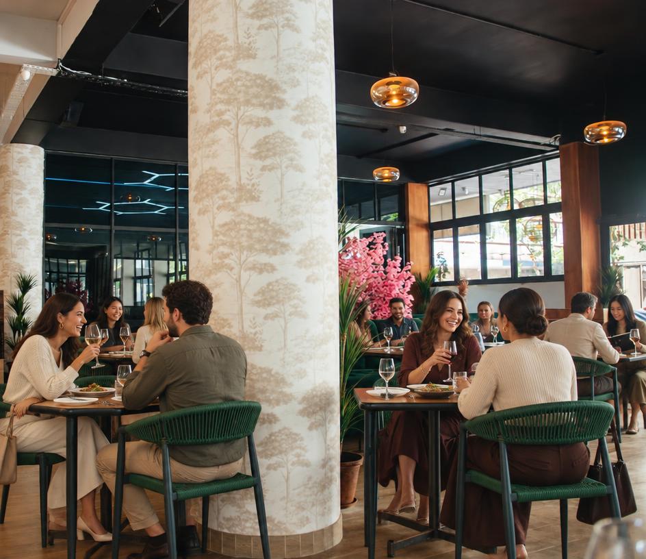 Guests seated at the tables and along the green banquette in the Soul dining room, with daylight through black-framed windows